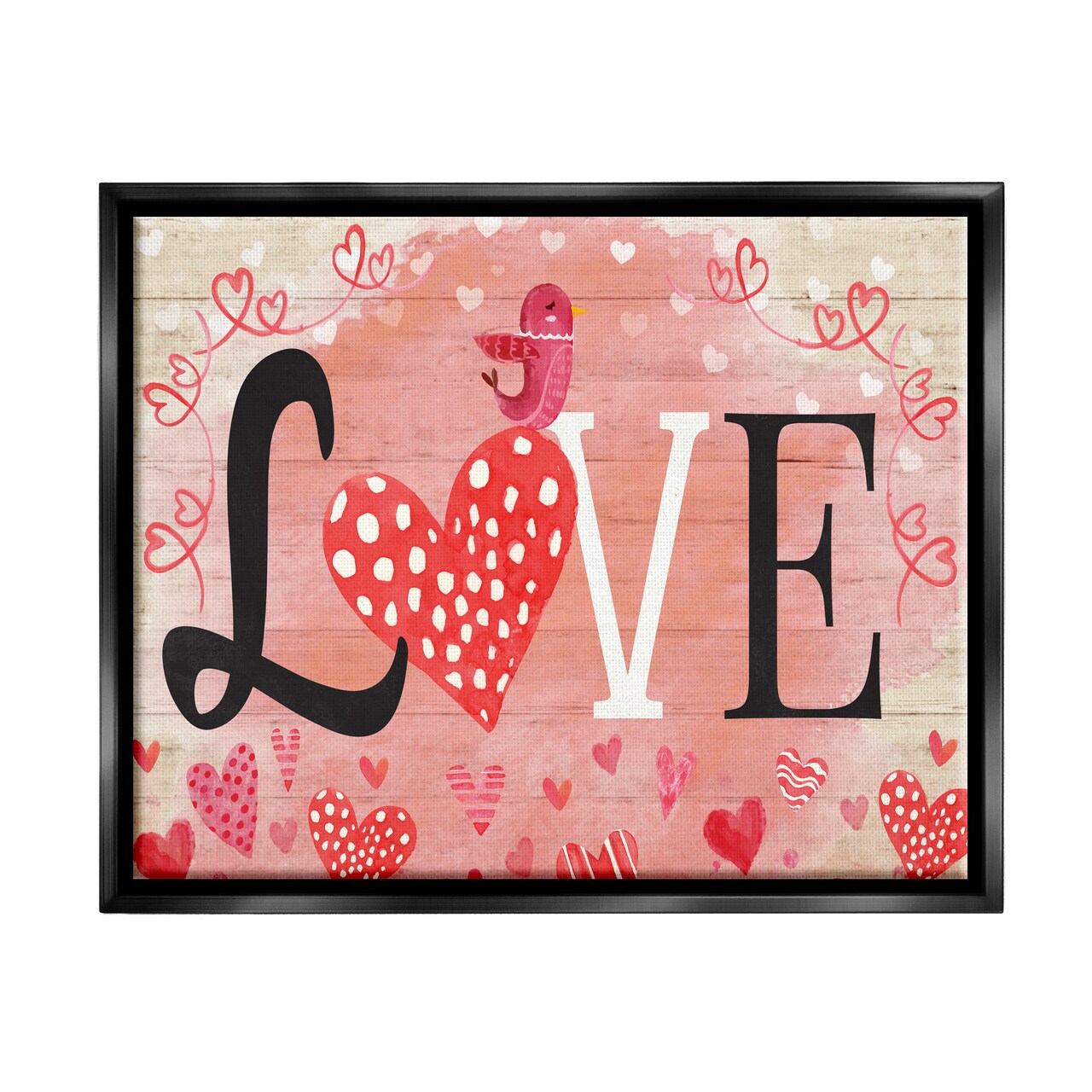 Stupell Industries Romantic Love Patterned Hearts Bird Black Framed Floater Canvas Wall Art